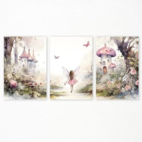 Pink Nursery Canvas Wall Art, Magic Mushroom Castle Poster, Pink Floral Forest Painting, Butterflies Girl Picture for Wall, Nature Botanical Flowers Art Print for Girls Baby Room 16x24in Unframed