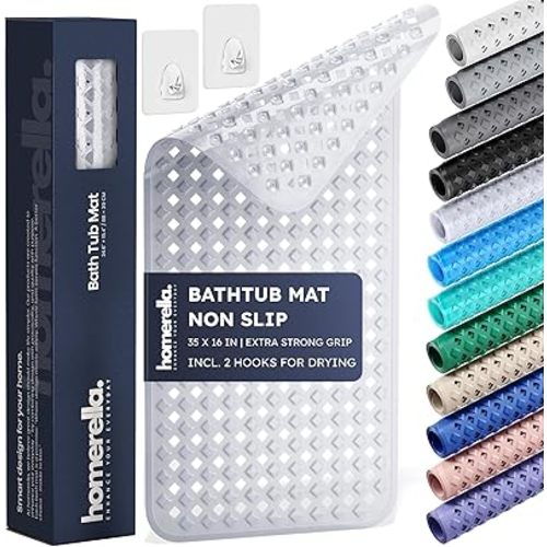 homerella® Bathtub Mat Non Slip 35x16, Incl. Hooks for Drying, Extra Long, 100% BPA Free, Shower Mat Non Slip Anti Mold, Machine Washable, Shower Mats for Inside Shower Mildew Resistant