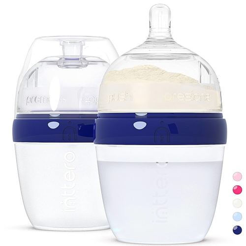 INTTERO Natural Anti-Colic Formula Dispenser Baby Bottle - Air-Free Vent - 6oz/2pk - Modern Blue/Slow Flow - Baby Essential Biberones PopYummy Mixie