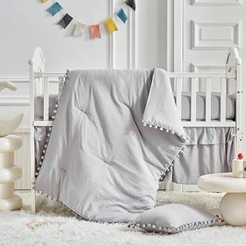 AIKASY The Ball Pom Fringe Crib Bedding Set for Girls, Baby Quilted Soft Comforter with Fitted Sheet, Bed Skirt, and Pillowcase(Gray)
