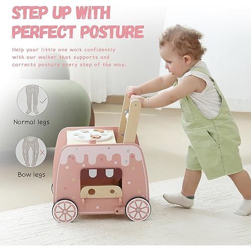 Wooden Baby Walker, Multifunctional Ice Cream Cart Activity Toy for Learning to Push Walk with Wheels, Pretend Playset Ideal for Toddlers, Boys and Girls Ages 18-36M