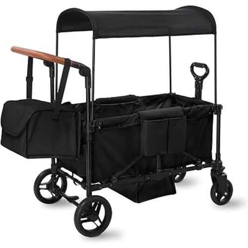 Wagon Stroller for 2 Kids, 3 in 1 Push and Pull Foldable Wagon with Footwell, All-Terrian Wheels, Includes Adjustable Canopy, Ample Organizer, 5 Point Harness