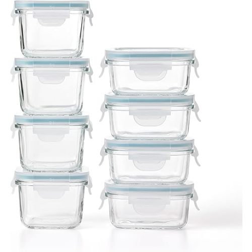 Glasslock Mini Reusable 5 Ounce Rectangular and 7 Ounce Square Tempered Glass Food Storage Container Set for Fridge and Freezer, 8 Piece Set