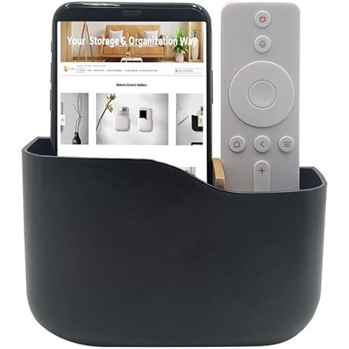 SUNFICON Adhesive Remote Control Holder Wall Mount Media Player Controller Holder Universal TV Remote Organizer Caddy Box Tray Hollow Bottom Slot Easy Phone Charging Home Office Desk Nightstand Black