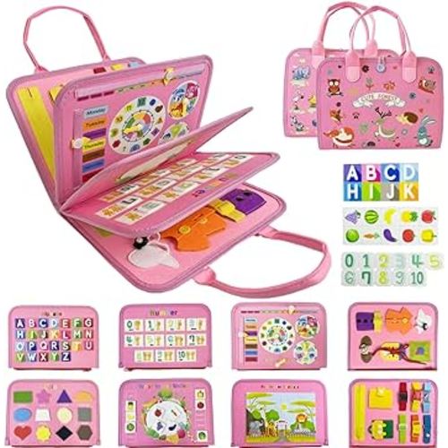 Busy Board Montessori Toys for Toddlers,10 Pages Montessori Toys Busy Book for 1 2 3 4 Year Old,Preschool Learning Fine Motor Skills Toys,Christmas/Birthday/Travel Toy Gift for Boys and Girls(Pink)