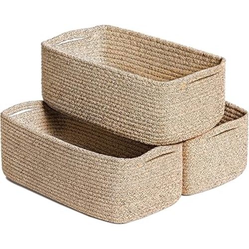 Goodpick Storage Baskets, Closet Shelf Organizers for Gifts Empty Baskets for Shelves Dog Toy Basket Woven Baskets for Storage for Towels for Organizing 3 Pack, White & Brown, 13 x 8 x 5 in