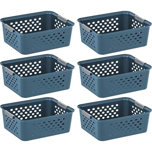 IRIS USA Plastic Storage Basket, 6-Pack, Medium, Shelf Basket Storage Organizer for Pantry, Cabinet, Bedroom, Closet, Laundry Room, Eco-Friendly, Navy