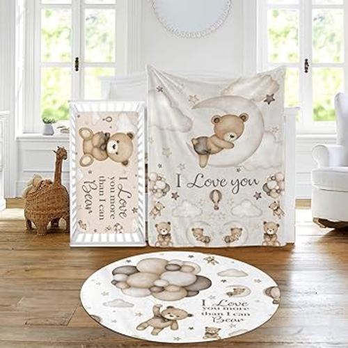 Baby Crib Bedding Set - Moon Animal Nursery Bed 3 Pcs Set - Chic Soft Blanket, Sheet, Crawling Rug for Newborns Boys Girls Gifts Color20-Bear