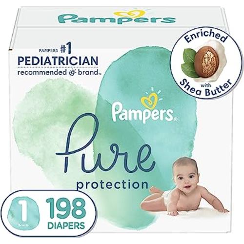 Diapers Size 1, 198 Count - Pampers Pure Protection Disposable Baby Diapers, Hypoallergenic and Unscented Protection (Packaging & Prints May Vary)