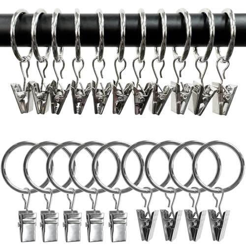 AMZSEVEN 100 Pack Curtain Rings with Clips, Drapery Clips with Rings, Drapes Rings 1.26 in Interior Diameter, Fits up to 1 Inch Curtain Rod, Silver