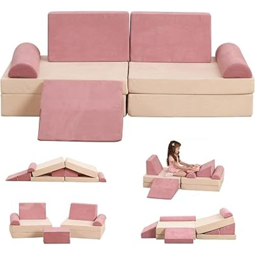 Play Couch Sofa for Kids 9PCS Sectional Sofa Playroom Imaginative Furniture for Creative Kids Girls and Boys Bedroom (Pink)