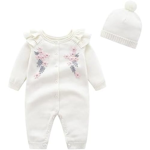 Newborn Infant Baby Girl Knitted Sweater Romper Long Sleeve Jumpsuit Outfit with Warm Hat Set Baby Fall Clothes