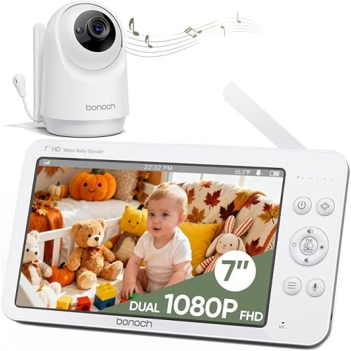 bonoch 7" Baby Monitor No WiFi, Upgraded 1080P HD MegaView Video Monitor with Camera and Audio, 6000mAh Battery, VOX Mode, Night Vision, Hack Proof, Remote PTZ, White Noise, Gifts for Parents