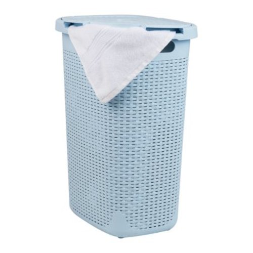 Mind Reader 60L Slim Laundry Hamper, Clothes Basket, Lid, Wicker Design, Plastic, Baby Blue