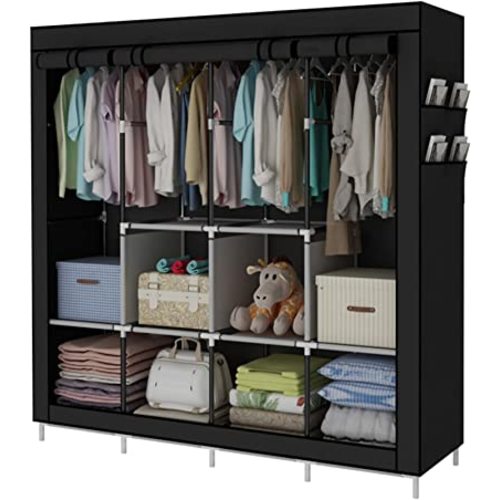 Portable Wardrobe Clothing Wardrobe Shelves Clothes Storage Organiser with 4 Hanging Rail,Black