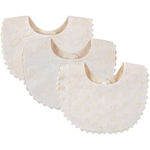 GZMM Baby Bib For Girls,Reversible Waterproof Handmade Natural Cotton Baby Drool Bib 0-12 months 2 Pack (off-white color A, 0-12 months)