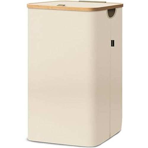 BALEINE Laundry Hamper with Lid, Tall Laundry Baskets with Bamboo Pull Handles, Large Laundry Bin with Internal Support (26 Gallon, Beige)