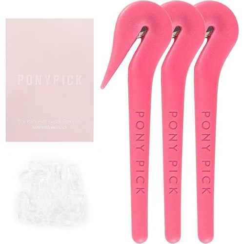 THE PONY PICK Hair Elastic Rubber Bands Cutter Tool – Easy To Use, Pain Free, No Hair Damage – Ponytail Cutter Tool for Kids & Toddlers (3 Packs of Pony Pick & 50 Clear Hair Elastics)