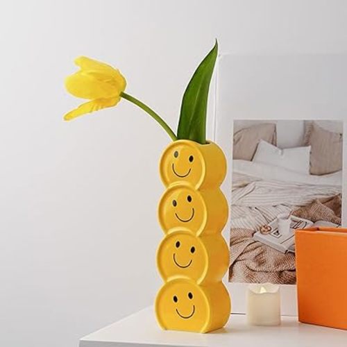Smile Face Vase Yellow Ceramic Home Decor for Flowers and Plants,A Happy and Creative Small Vase Suitable for Modern Style, Decorates Living Room,Dining Table,Office, Bookshelf, Good Mood.