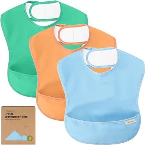 3-Pack Waterproof Baby Bibs for Eating - Lightweight Baby Bib with Food Catcher, Mess Proof Toddler Bibs, Waterproof Bibs for Baby Boys, Baby Girls, Feeding Bibs, Drool Bibs, Baby Food Bibs (Basics)
