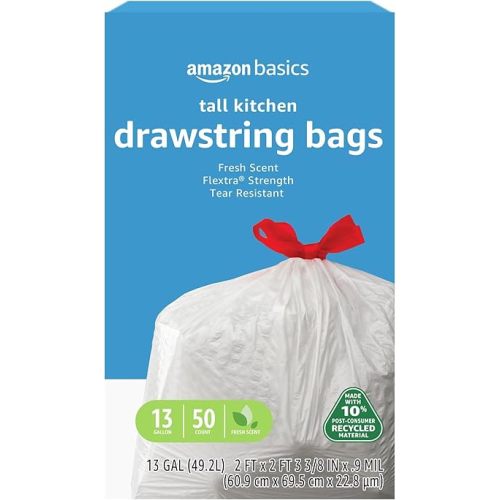 Amazon Basics 13 Gallon Flextra Strength Tall Kitchen Drawstring Trash Bags, Tear Resistant, Clean Fresh Scent, 10% Recycled Content, 50 Count