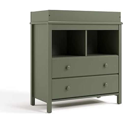 Storkcraft Alpine 2 Drawer Changing Table Chest - Attached Changing Table Topper Fits Any Standard-Size Baby Changing Pad, 2 Drawers, 2 Shelves for Extra Nursery Storage, Easy to Assemble, Olive