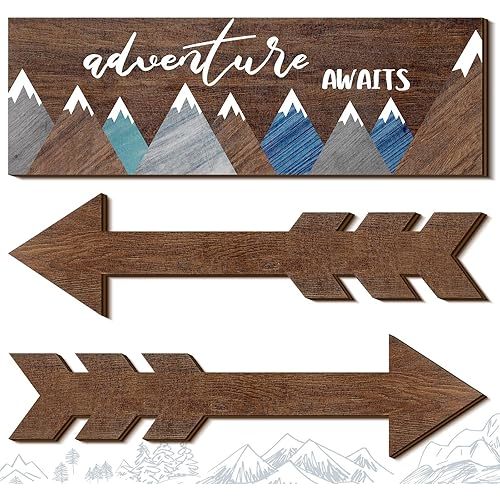 Yookeer 3 Pieces Adventure Awaits Wood Rustic Sign Wood Arrows Wall Decor Inspirational Wooden Decorative Rustic Home Wall Hanging Geometric Mountain Canvas Art for Home Office Room