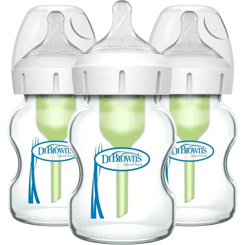 Dr. Brown's Natural Flow Anti-Colic Options+ Wide-Neck Glass Baby Bottles 5 oz/150 mL, with Level 1 Slow Flow Nipple, 3 Pack, 0m+