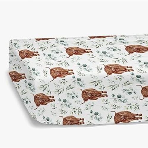 Highland Cow Eucalyptus Leaf Fitted Standard Crib Sheet for Baby Boy Girl, Neutral Western Farm Animal Yak Toddler Mattress Cover, Soft Stretchy Nursery Bed Sheets Decor Kids Gift 52" x 28"