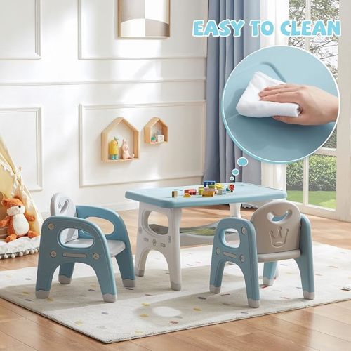 Kids Table and 2 Chairs Set, Large Built-in Storage, Montessori Toddlers Table and Chairs Set, Kids Activity Table for Drawing Dining Playing, CPSC & ASTM Approved, Blue