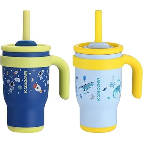 KXIAOCHEN 14 oz Kids Tumbler with Handle for Spill Proof Insulated Stainless Steel Reusable Tumbler for Toddlers, Keeps Drinks Cold up to 24 Hrs,Dinosaur+Spaceman2P