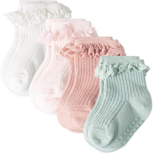 AQOKKA Baby Girl Toddlers Socks with Non-slip Grip Cute Frilly Ruffle Ankle Soft Cotton Newborn Baby Socks for Infant Kids