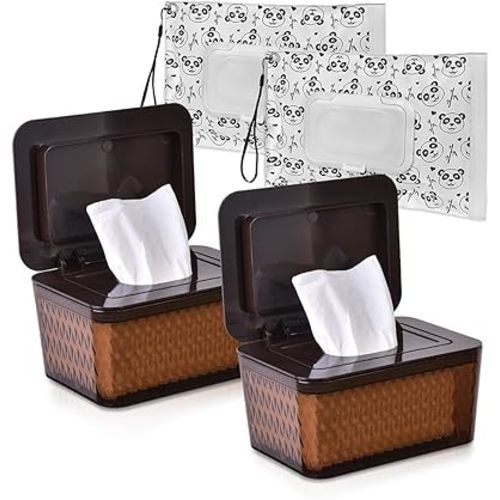Wipes Dispenser & Wipes Pouch/Tissue Bag, Wipes/Tissue Case with Moisture Seal Secure Lid, Non-Slip Rubber Feet & Sealing Design Keeps Wipes Fresh, Dustproof Wipes Container(2BN+2Panda)