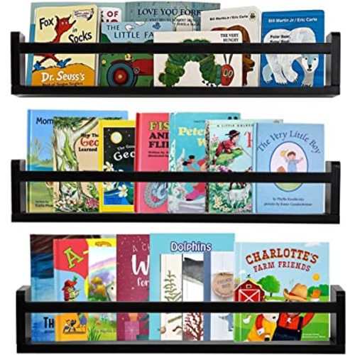 AZSKY Classic Nursery Book Shelves Black Wooden Floating Shelves Wall Bookshelf for Bathroom Decor Kitchen Spice Rack Organizer Kids Room 24 Inch Set of 3