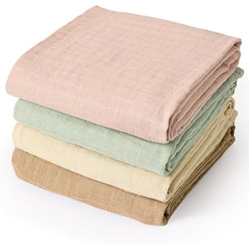 david's kids 4 Pack Baby Muslin Swaddle Blankets 47" x 47", 100% Cotton Swaddle Wrap for Boys Girls, Ultra Soft Breathable Receiving Blanket for Newborns, Rose Smoke & Sage Green & White Cap & Sepia