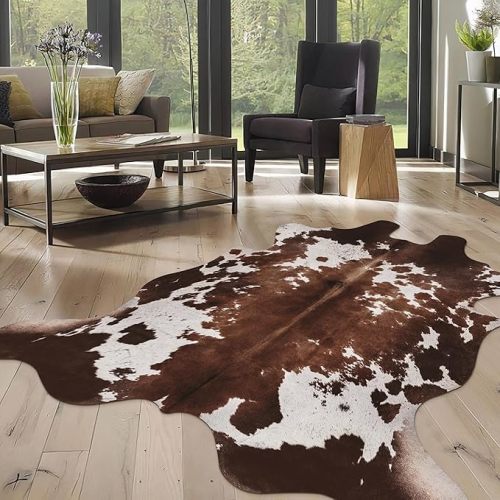Cow Hide Faux Cowhide Rug: Cow Print Rug for Living Room Bedroom 4.6x5.2 Feet - Animal Print Skin Black and Brown Western