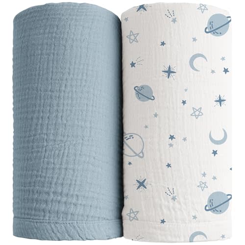 Konssy Muslin Swaddle Blankets for Boys Girls, 2 Pack Receiving Baby Blanket Large 47 x 47 inches, Soft Breathable Swaddling Wrap for Unisex Newborn (Star,Blue)