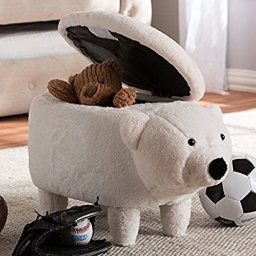 Baxton Studio Bjorn Contemporary Wool Upholstered Bear Storage Ottoman/Contemporary/White/Lambs Wool Fiber/Pine Wood/Foam