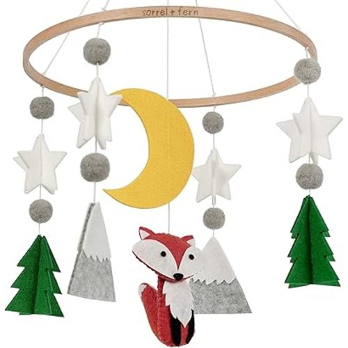 Baby Crib Mobile (Woodland Fox) - Nursery Decoration - Ceiling Mobile and Crib Mobile - Hypoallergenic Eco-Felt, Unfinished Wood, Adjustable, Green, Grey, Yellow, Red/Brown