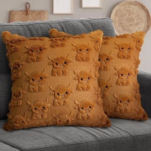 Highland Cow Throw Pillow Covers 18x18 Set of 2 Cow Home Decor Farmhouse Pillow Covers Soft Plush Faux Fur Wool Pillowcases for Sofa Living Room, Gifts for Highland Cattle Lovers