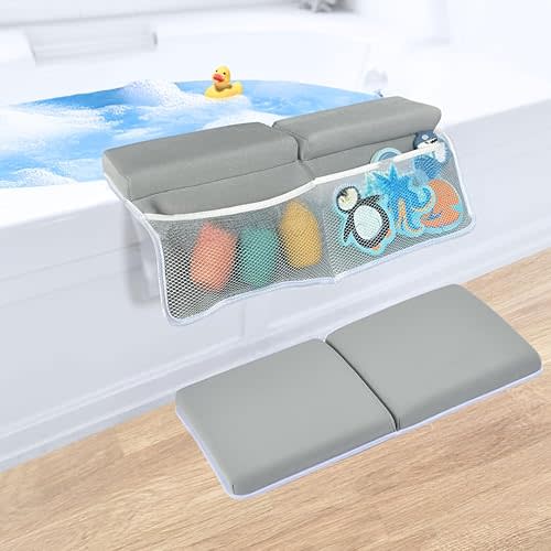 Baby Bath Kneeler and Elbow Rest Pad Set Thick & Comfortable 1.5", with Extra Storage for organizing Bath Toys. Quick Dry and Foldable. Perfect for Newborn Bath Essentials