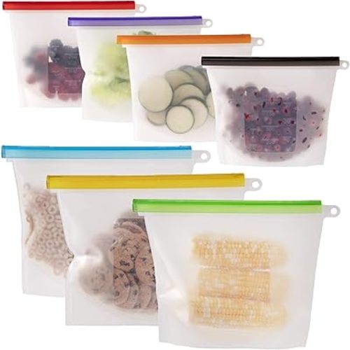WeeSprout 100% Silicone Reusable Food Storage Bags - Set of 7 Leakproof & Airtight Bags (Four 4 Cup Bags and Three 6 Cup Bags), Freezer, Microwave, & Dishwasher Friendly, for Lunches and Snacks