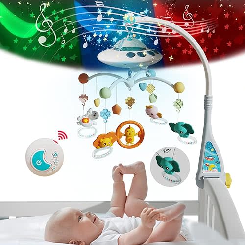 Baby Musical Crib Mobile with Night Lights and Relaxing Music,Hanging Rotating Animals Rattles,Stars Projection,Remote Control,for Boy Girl Newborn Baby Toys(Blue)