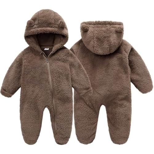 BYFRI Baby Fluffy Onesies Infant Fleece Jumpsuits Cute Bear Hooded One Piece Outfit Newborn Snowsuit Footed Outerwear