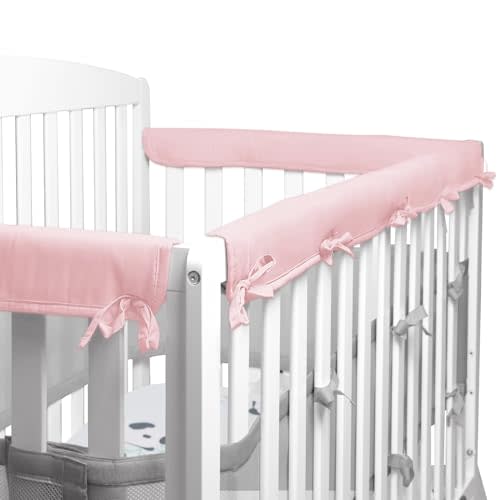 3-Pcs Pink/White Crib Rail Guard Cover for Teething, Protect Baby Teeth and Rails, Rail Edge Protector Strip, Soft Anti-Collision Cover in Cotton Fabrics, Cover 52" x 28" 3 & 4 Sides Full-Size Crib
