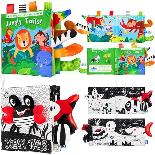 Baby Books 0-6 Months, Infant Toy Tummy Time Toy High Contrast Sensory Baby Toys 6 to 12 Months Touch Feel Book Newborn crinkle books for babies Boy Girl 0-3 Months Book Toys (Marine & Jungle Tails)