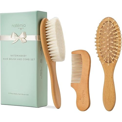 Natemia Baby Hair Brush and Comb Set for Newborns - Wooden Baby Hair Brush and Comb Set - Soft Bristle Hair Brush as Baby Registry Gift Set - Toddler Cradle Cap Brush - Baby Comb & Baby Brush Wooden
