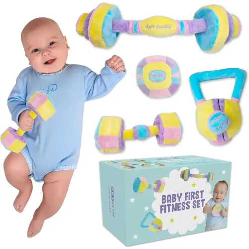 Skywin Baby Weights Toys -Baby Photo Props Baby Workout Toys - Baby Dumbbell Toy + Kettlebell Toy + Baby Barbell + Plush Medicine Ball (Purple)