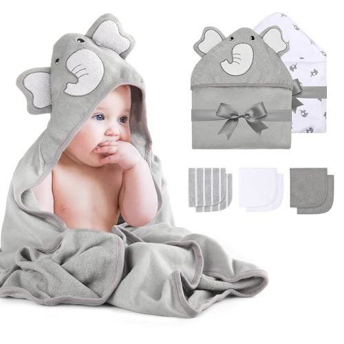 Momcozy Baby Hooded Towel, 8-Piece Bath for Boys or Girls, Washcloth Set with Cute Design, Shower Towel Gift for Newborns, Infants and Toddlers - Grey - Elephant