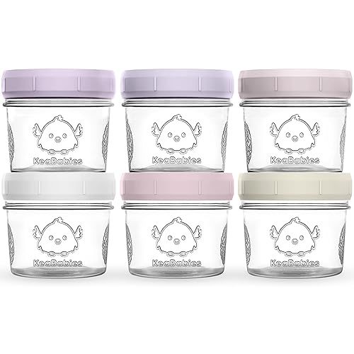KeaBabies 6pk 4oz Glass Baby Food Containers with Lids - Leak-Proof, Microwavable Small Glass Jars, Baby Purees & Toddler Snack Storage Containers, BPA-Free, Dishwasher & Freezer Safe (Lilac)